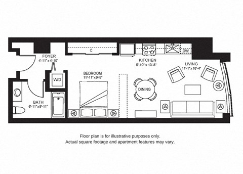 Floor plan for studio, 1 bath, 597 sqft